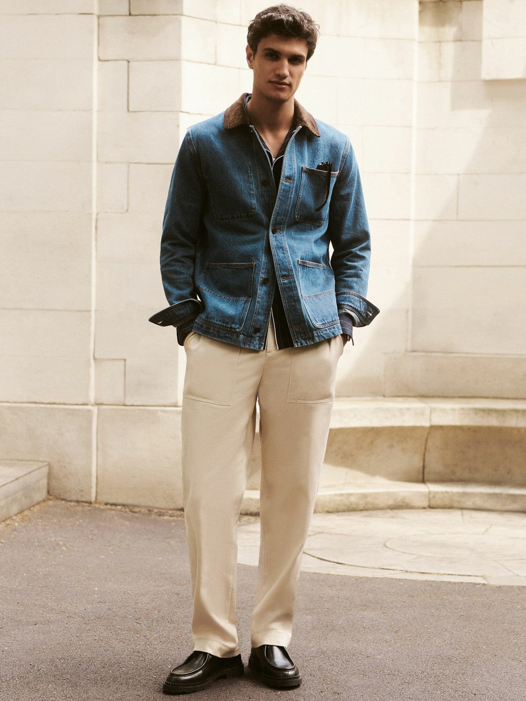 Men Lyocell Cotton Wide Utility Trousers in Ecru