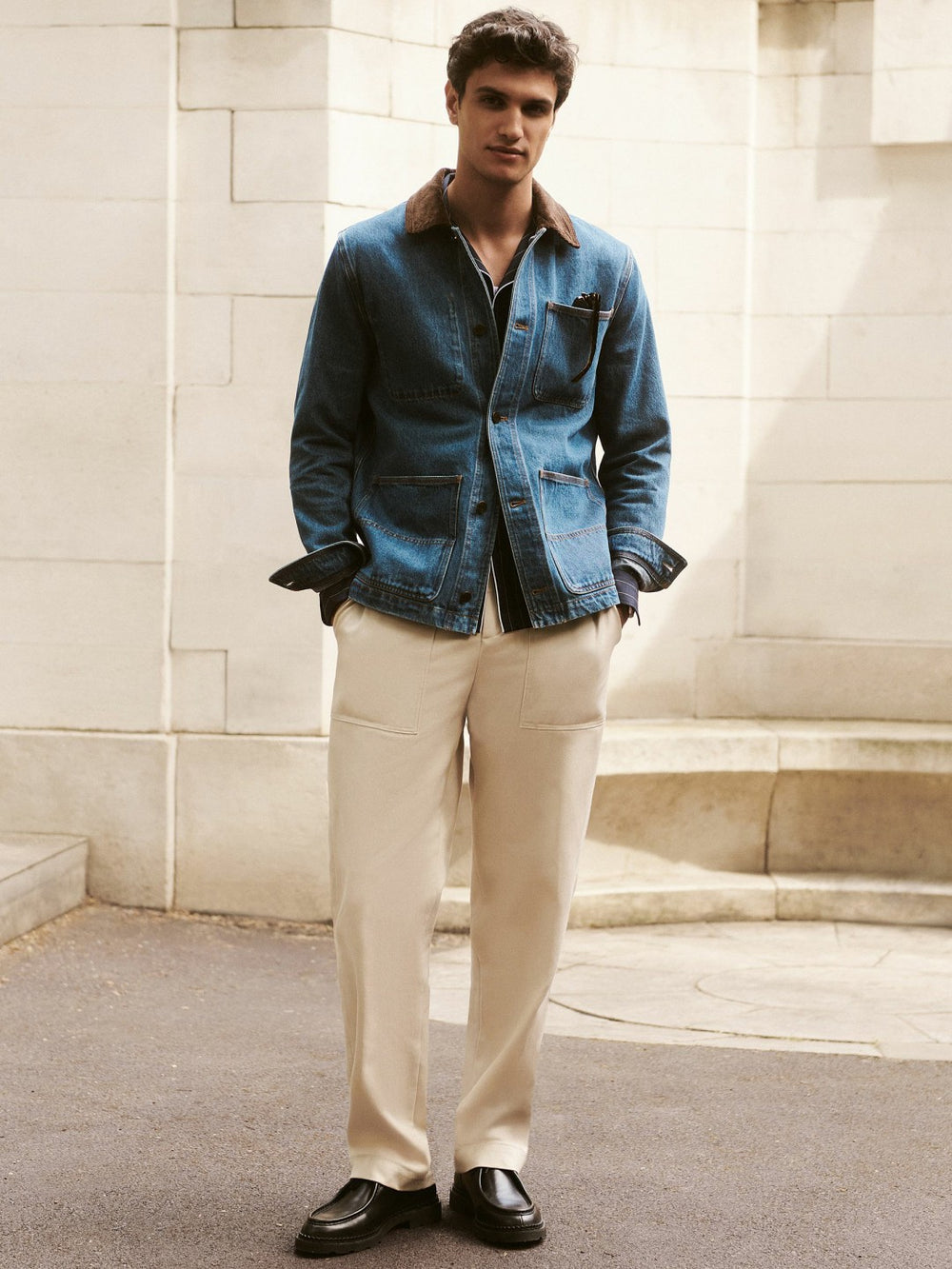 Men Lyocell Cotton Wide Utility Trousers in Ecru