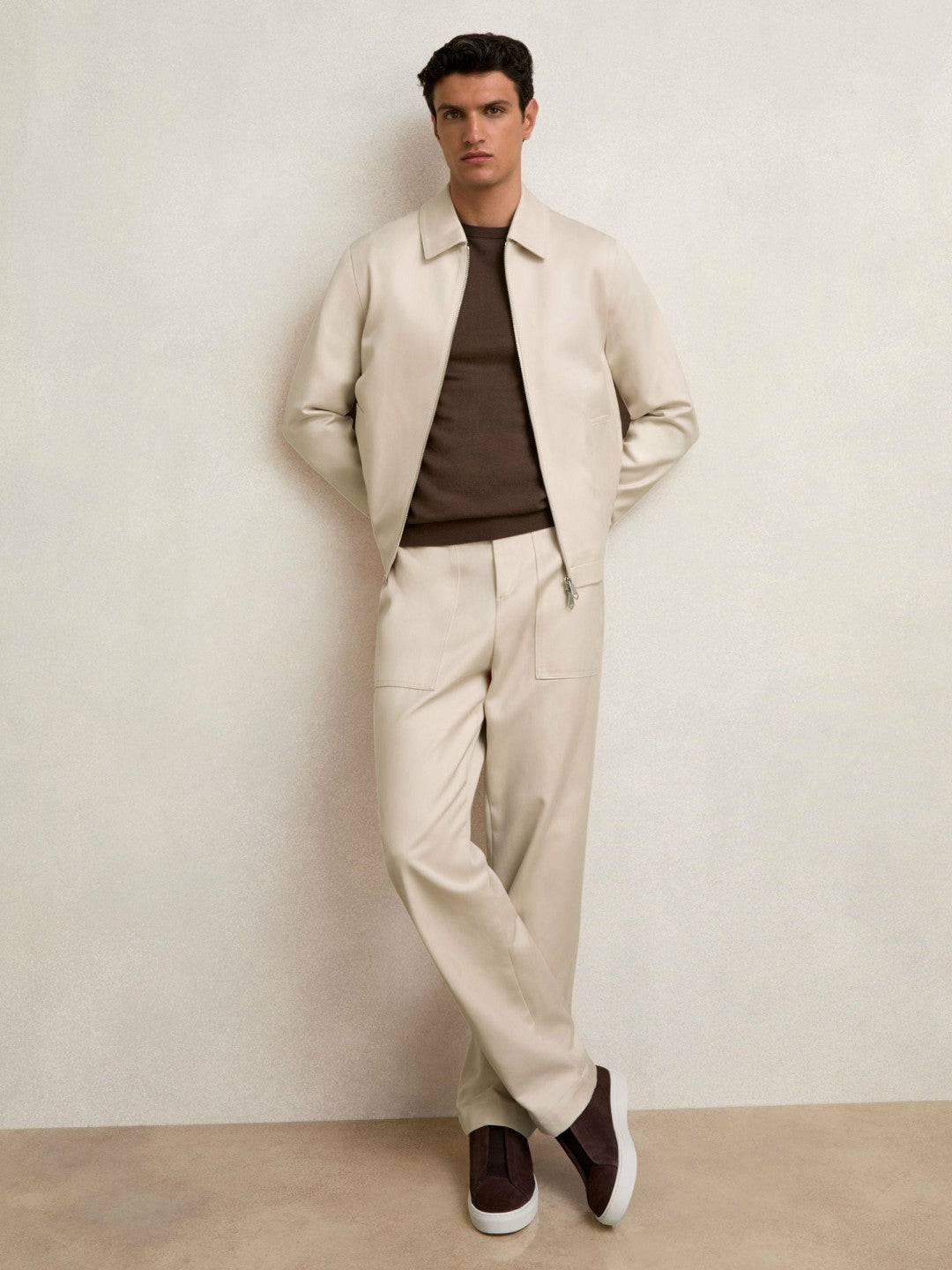 Men Lyocell Cotton Wide Utility Trousers in Ecru
