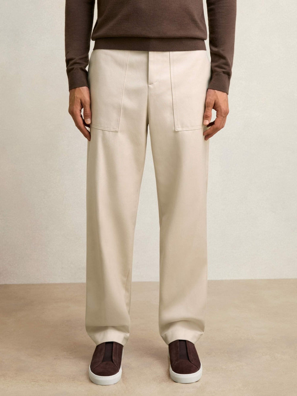 Men Lyocell Cotton Wide Utility Trousers in Ecru