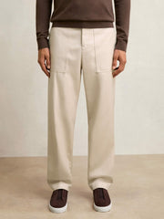 Men Lyocell Cotton Wide Utility Trousers in Ecru
