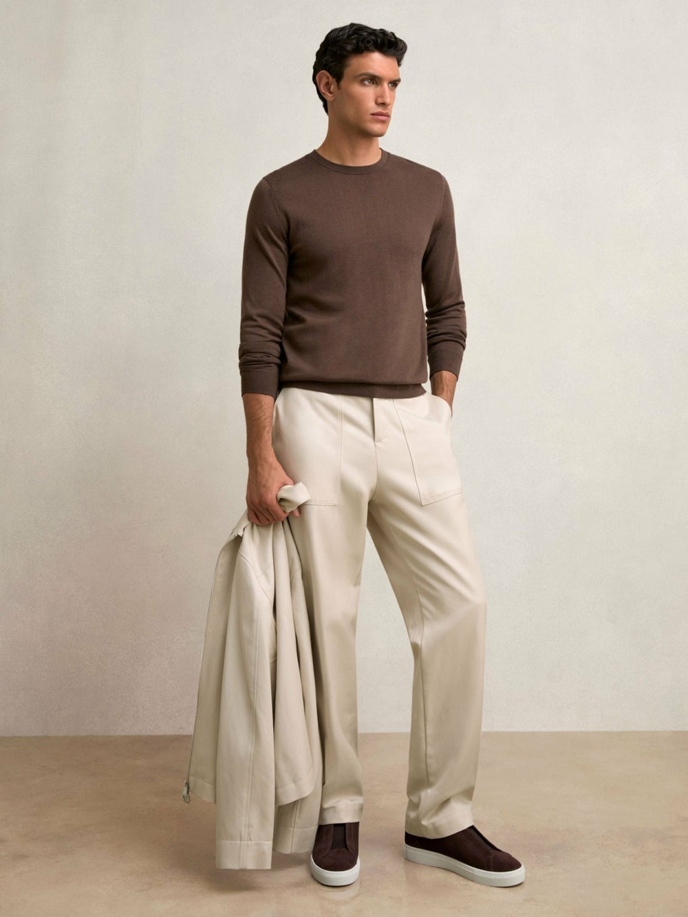 Men Lyocell Cotton Wide Utility Trousers in Ecru