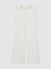 Women Petite Twill Button-Tab Flared Trousers With Wool in White