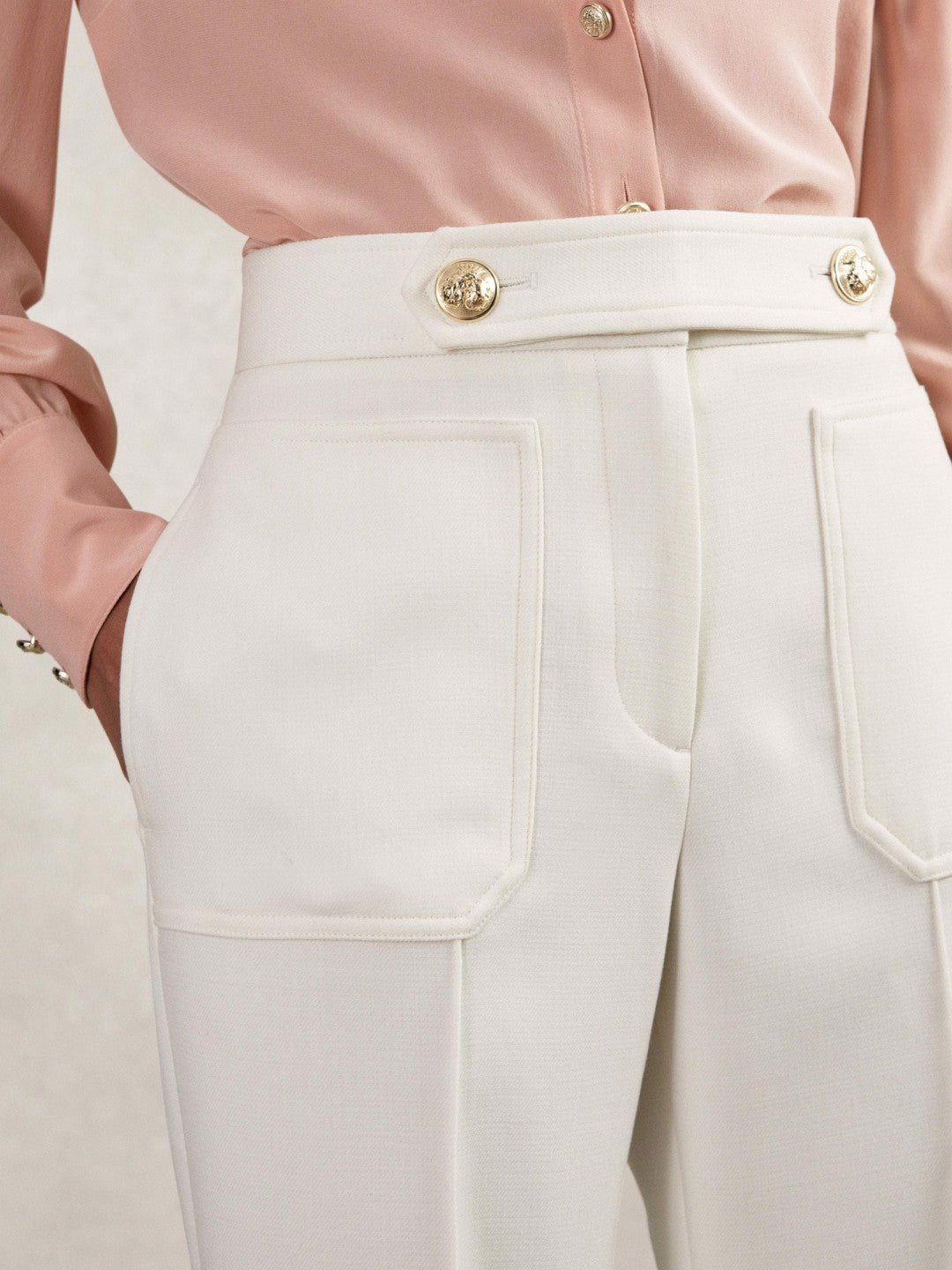 Women Petite Twill Button-Tab Flared Trousers With Wool in White
