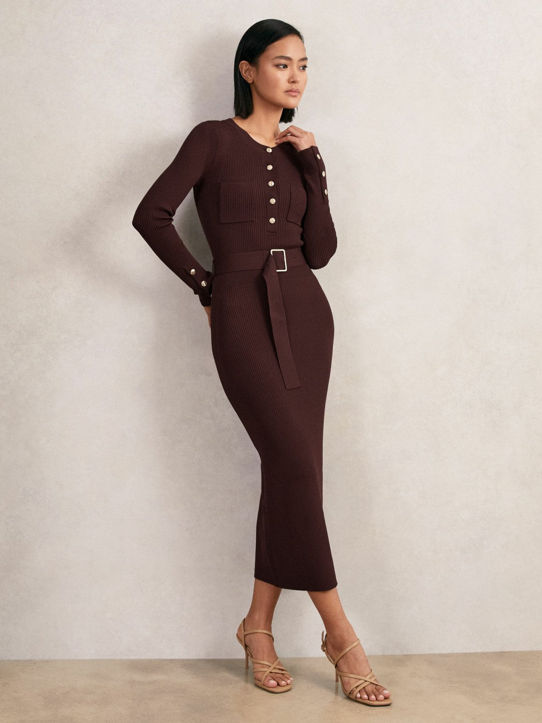 Women Buttoned Rib-Knit Midi Dress in Burgundy