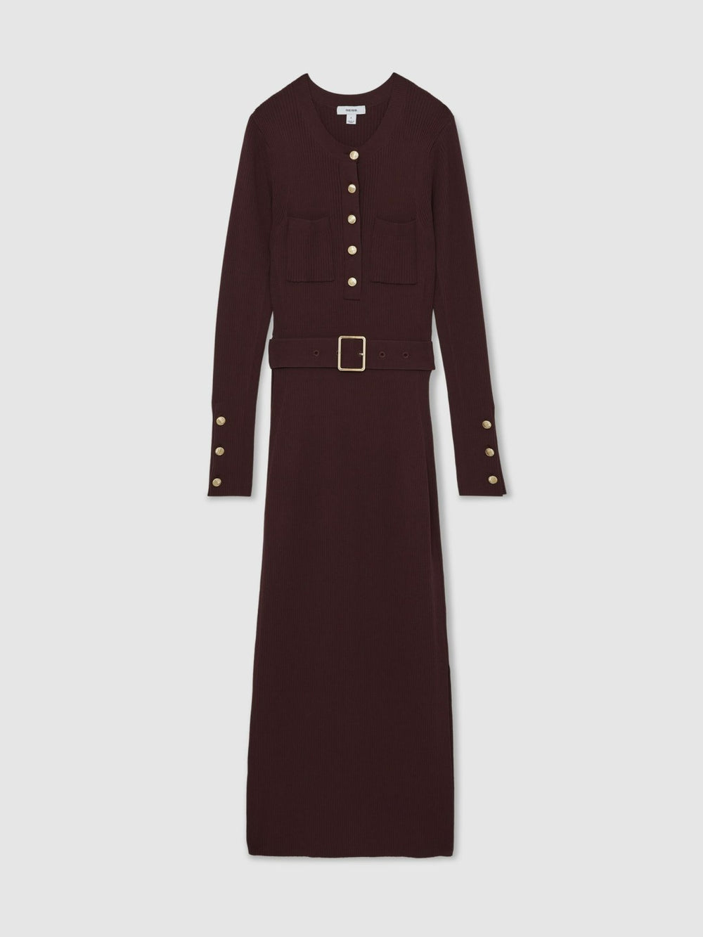 Women Buttoned Rib-Knit Midi Dress in Burgundy