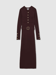Women Buttoned Rib-Knit Midi Dress in Burgundy