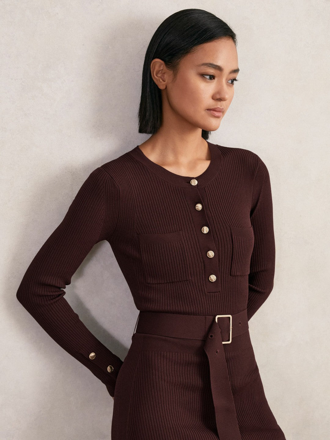 Women Buttoned Rib-Knit Midi Dress in Burgundy