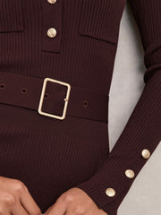 Women Buttoned Rib-Knit Midi Dress in Burgundy