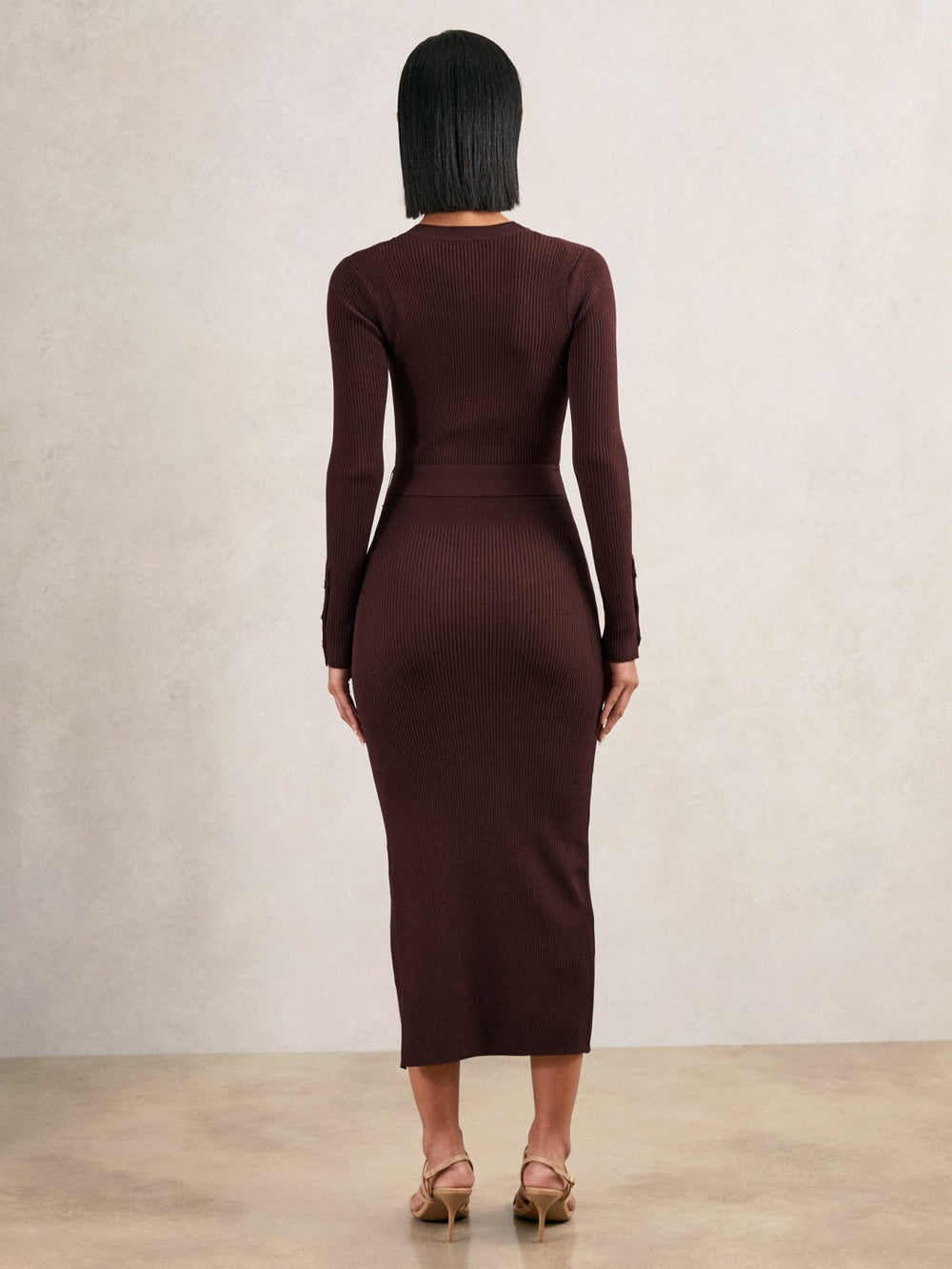 Women Buttoned Rib-Knit Midi Dress in Burgundy