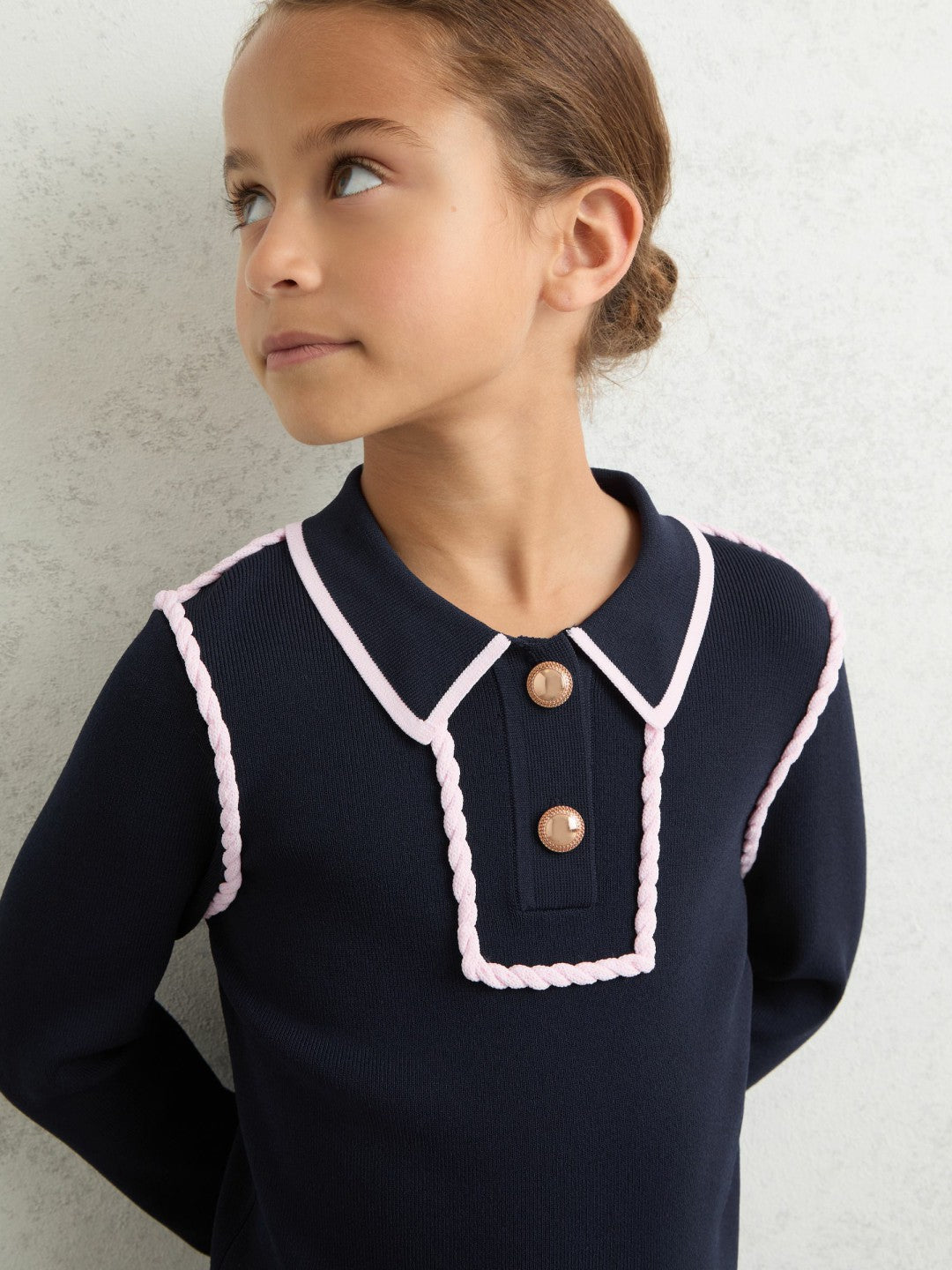 Children & Baby 3-9 yrs Piped Knitted Collar Top in Navy