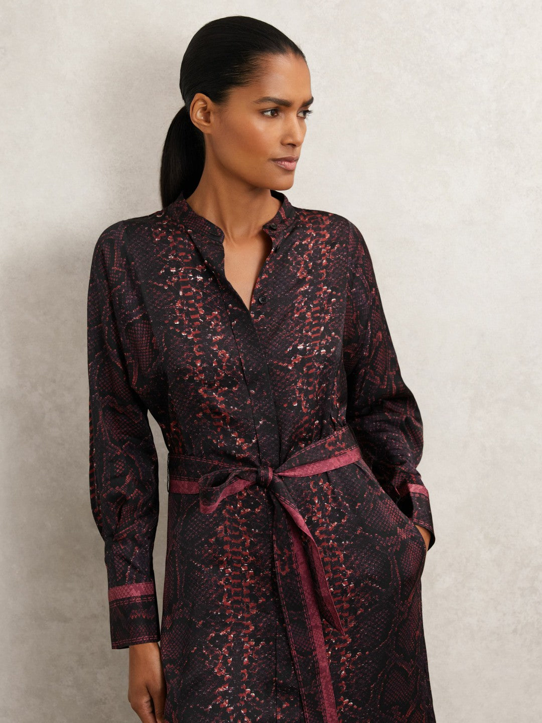 Women Snake-Print Belted Shirt Dress in Burgundy/Black