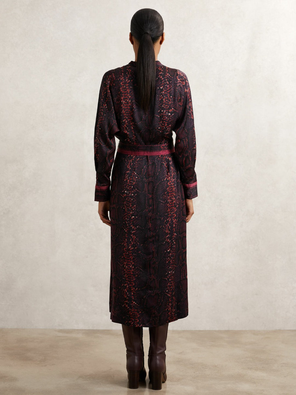 Women Snake-Print Belted Shirt Dress in Burgundy/Black