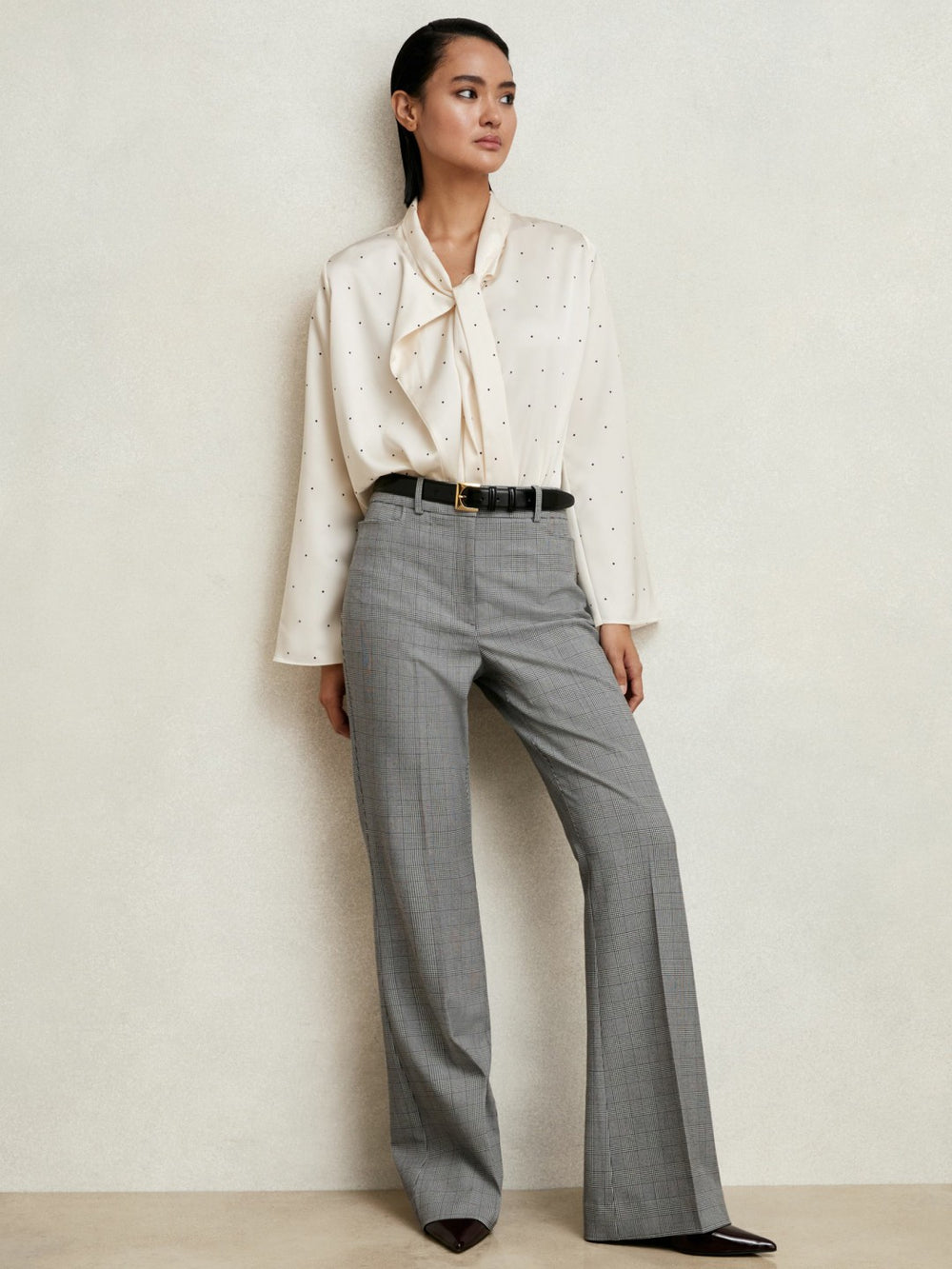 Women Check Flared Suit Trousers in Grey