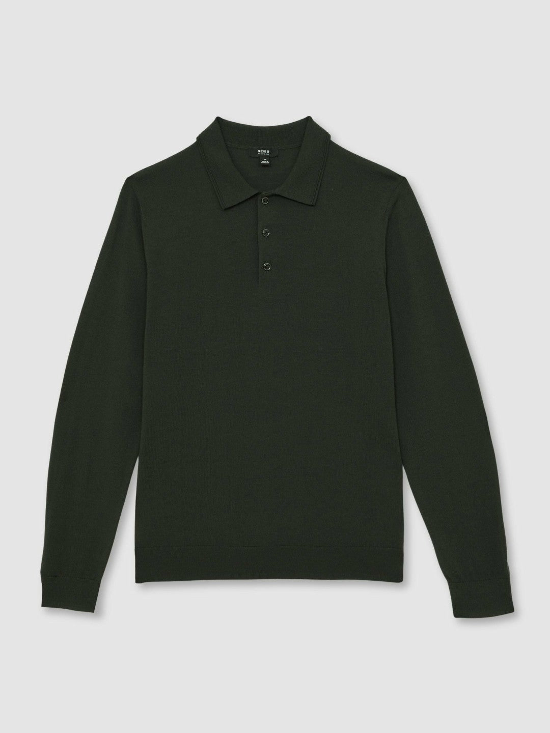 Men Merino Wool Long-Sleeve Polo Shirt in Dark Military Green