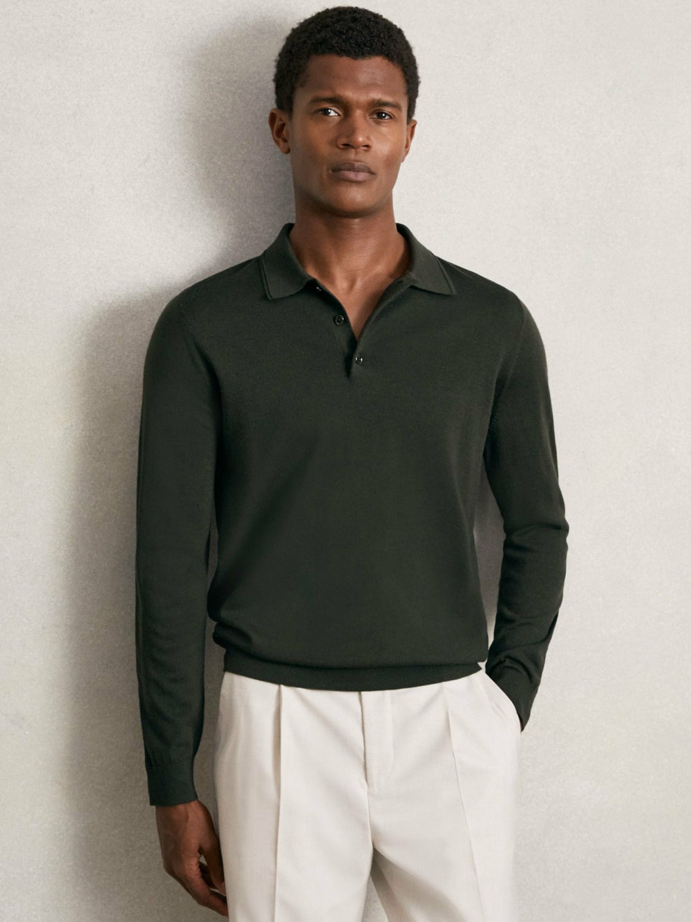 Men Merino Wool Long-Sleeve Polo Shirt in Dark Military Green
