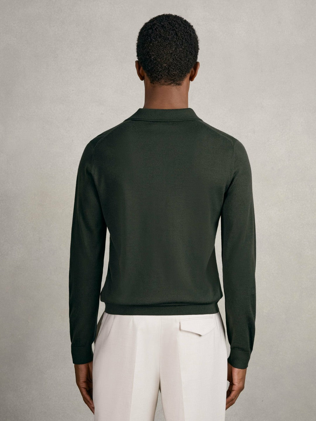 Men Merino Wool Long-Sleeve Polo Shirt in Dark Military Green