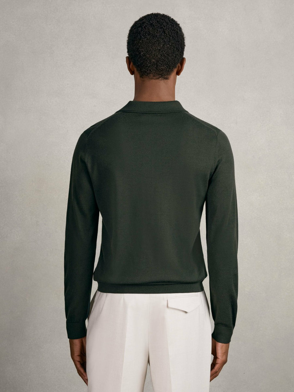 Men Merino Wool Long-Sleeve Polo Shirt in Dark Military Green