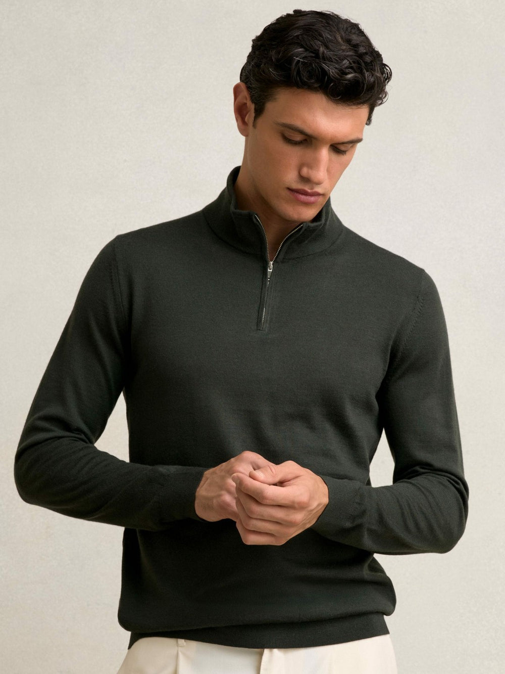 Men Merino Wool Half-Zip Jumper in Dark Military Green