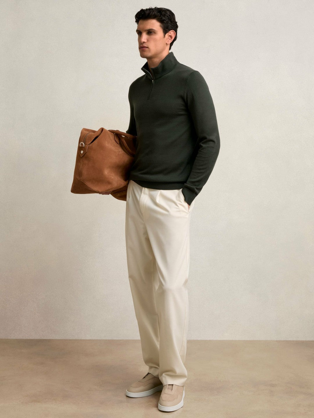 Men Merino Wool Half-Zip Jumper in Dark Military Green