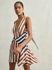 Women Stripe-Print Sleeveless Mini Dress in Brown/Navy