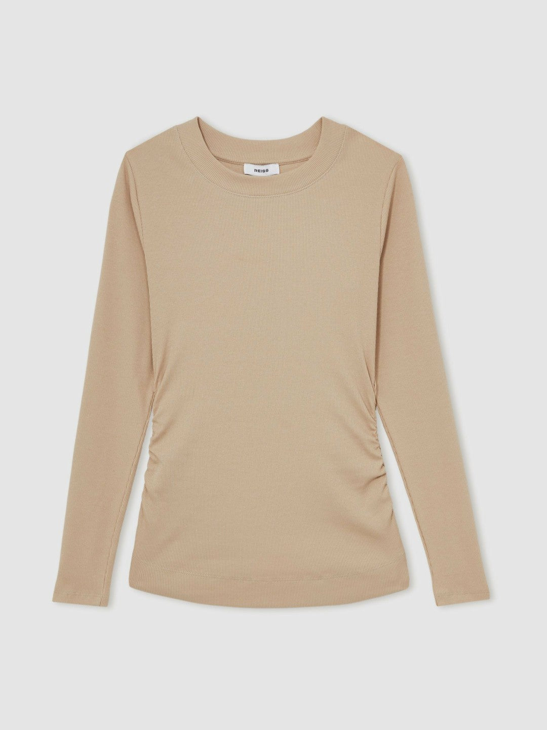 Women Cotton Long-Sleeve Ruched T-Shirt with Stretch in Camel