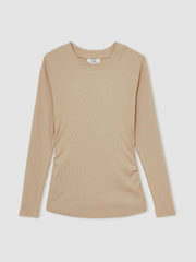 Women Cotton Long-Sleeve Ruched T-Shirt with Stretch in Camel