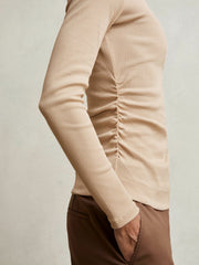 Women Cotton Long-Sleeve Ruched T-Shirt with Stretch in Camel