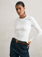 Women Cotton Crew-Neck Long-Sleeve T-Shirt With Stretch in White