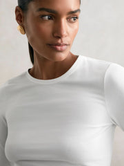Women Cotton Crew-Neck Long-Sleeve T-Shirt With Stretch in White