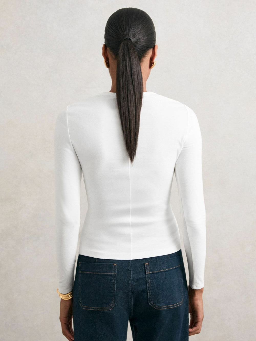 Women Cotton Crew-Neck Long-Sleeve T-Shirt With Stretch in White
