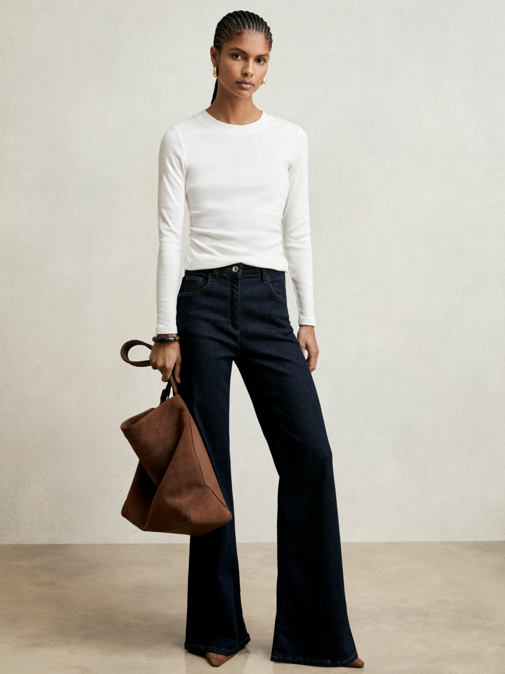 Women Cotton Long-Sleeve Ruched T-Shirt with Stretch in White