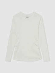 Women Cotton Long-Sleeve Ruched T-Shirt with Stretch in White