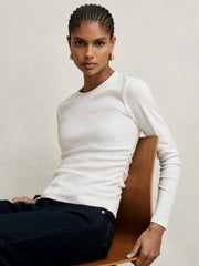 Women Cotton Long-Sleeve Ruched T-Shirt with Stretch in White