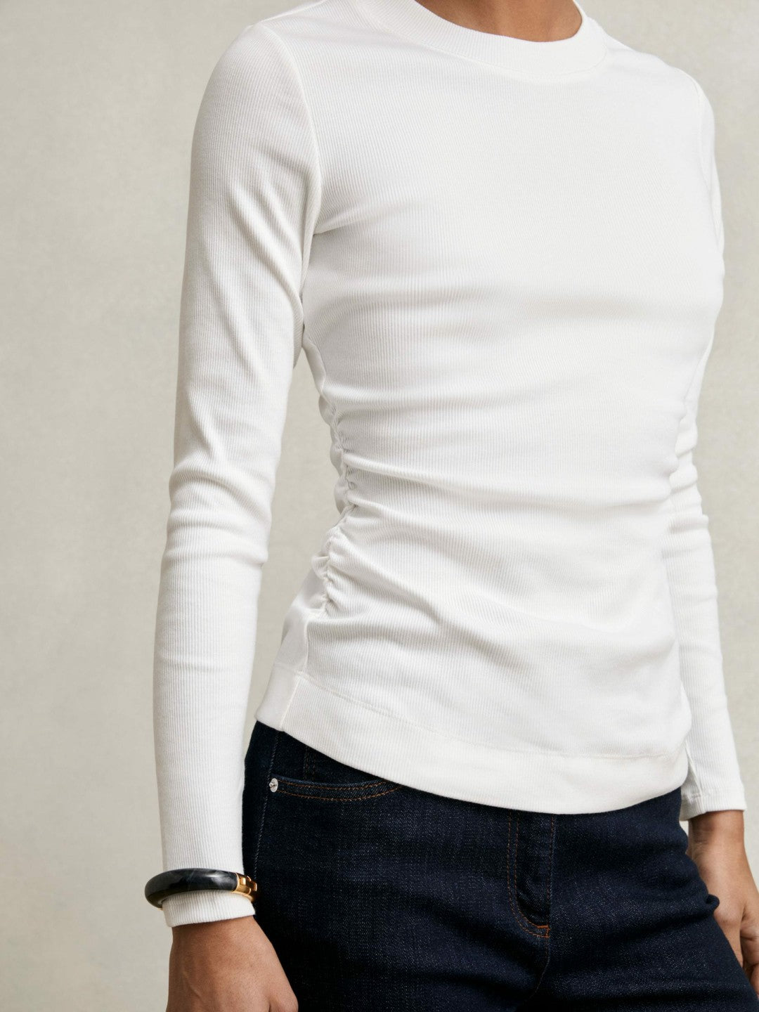Women Cotton Long-Sleeve Ruched T-Shirt with Stretch in White