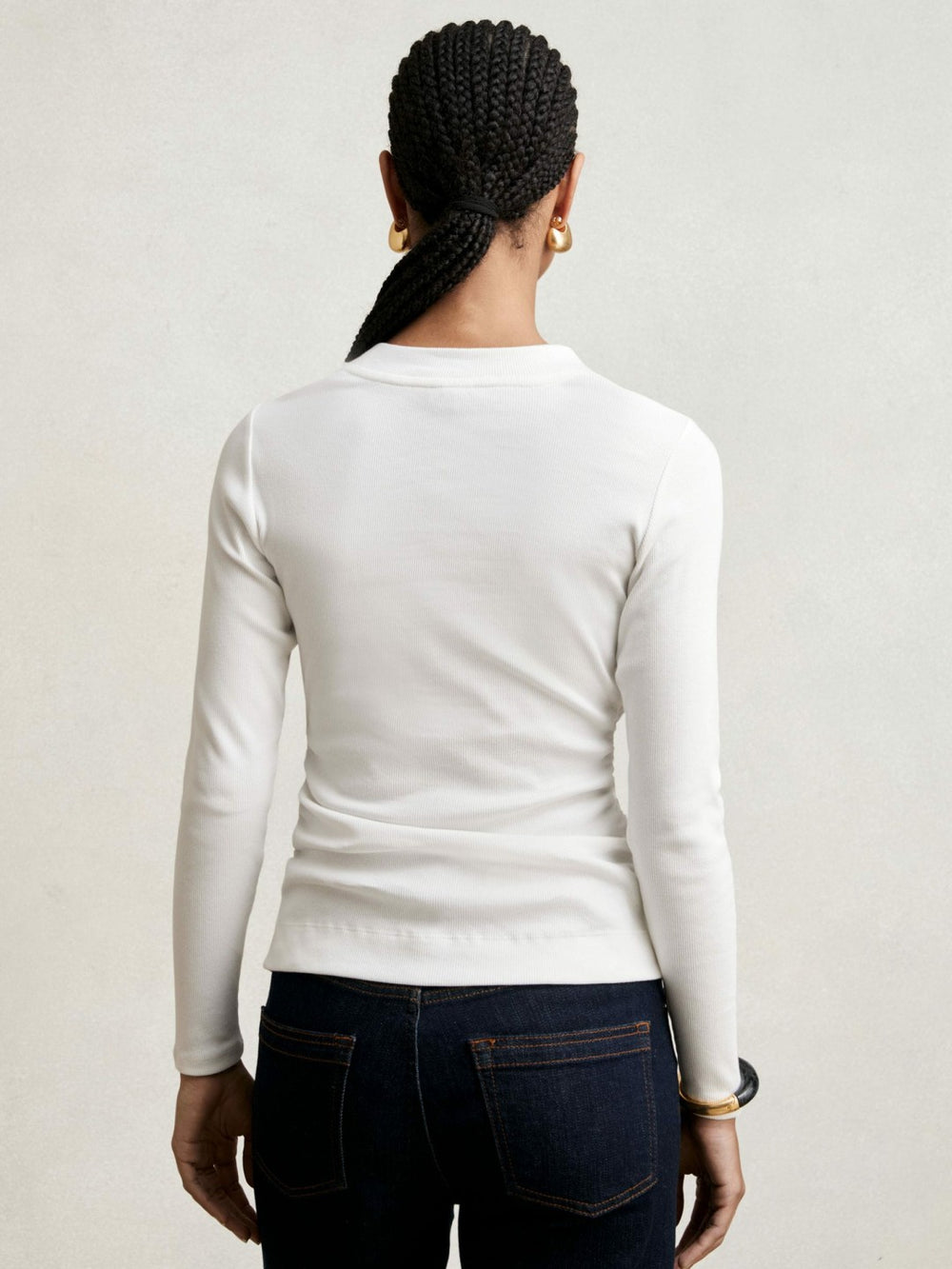 Women Cotton Long-Sleeve Ruched T-Shirt with Stretch in White