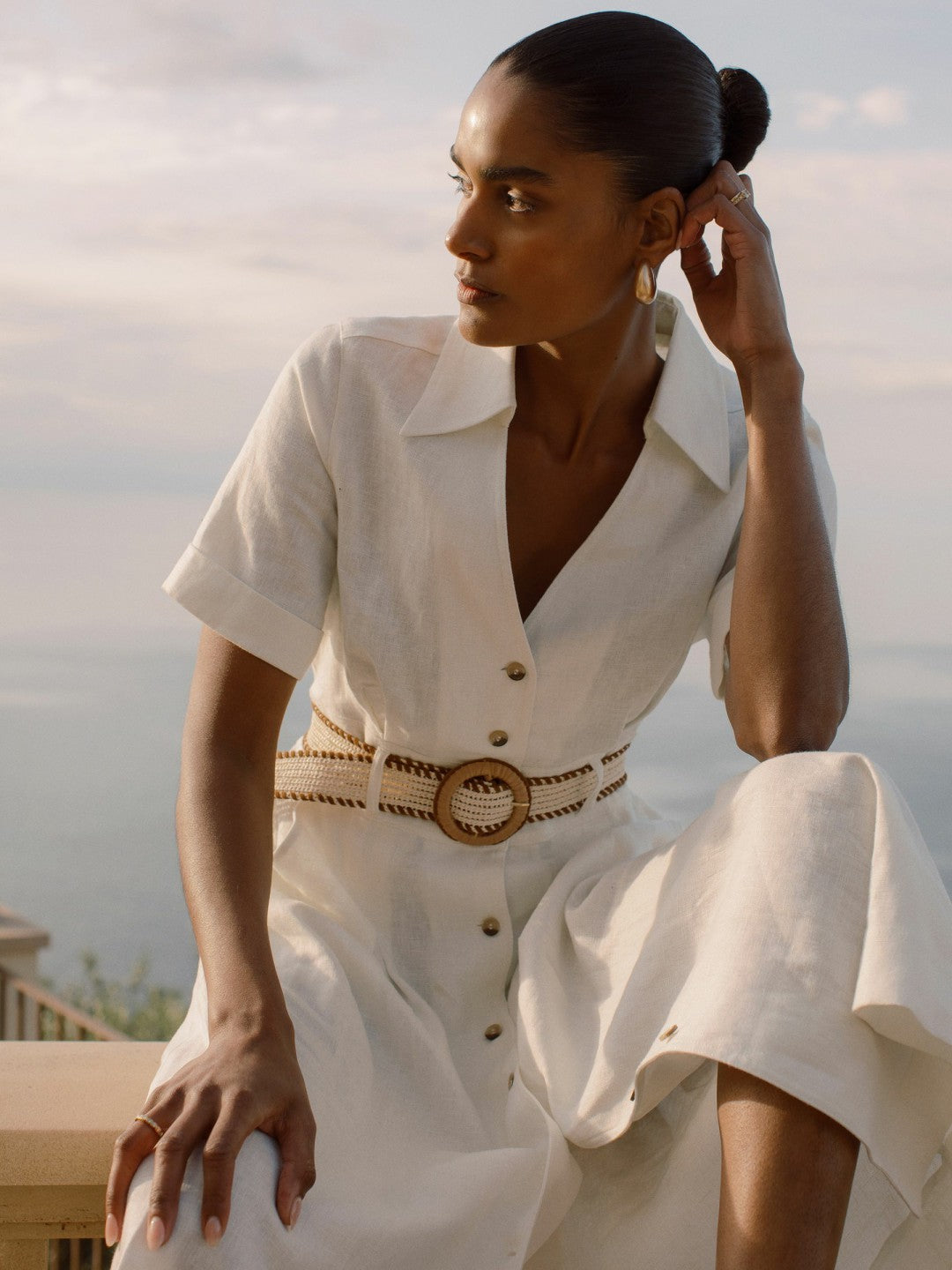 Women Linen Belted Midi Shirt Dress in Ivory