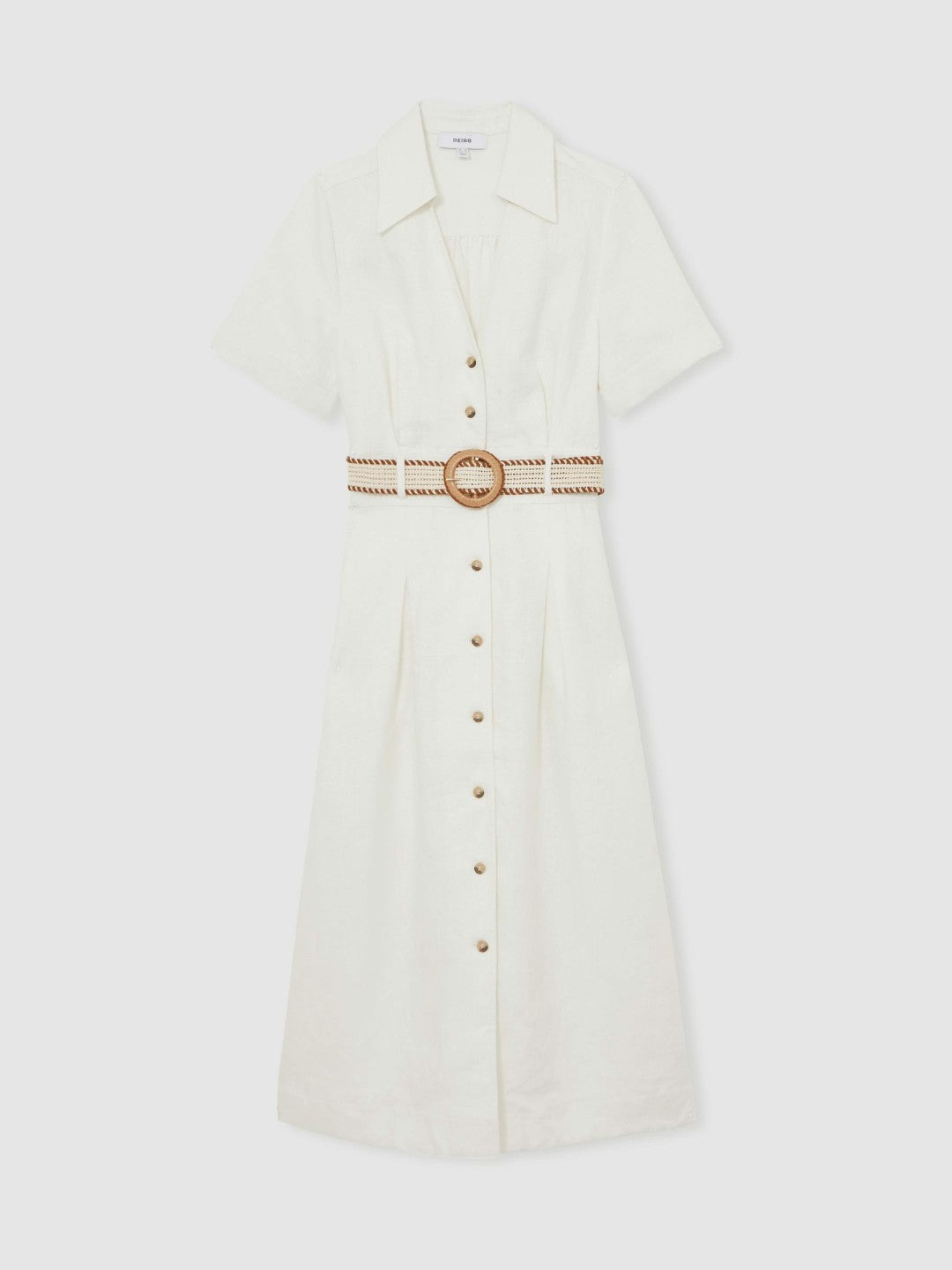 Women Linen Belted Midi Shirt Dress in Ivory