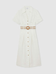 Women Linen Belted Midi Shirt Dress in Ivory