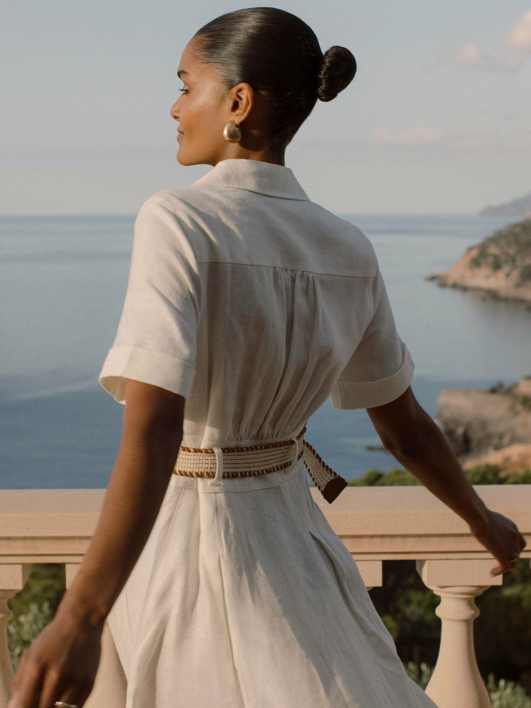 Women Linen Belted Midi Shirt Dress in Ivory