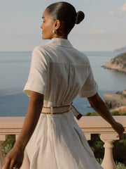 Women Linen Belted Midi Shirt Dress in Ivory