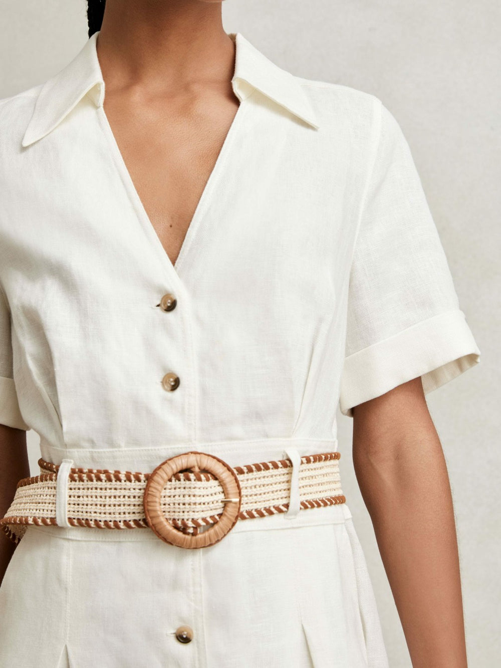Women Linen Belted Midi Shirt Dress in Ivory