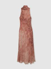 Women Petite Chiffon Floral Cape Maxi Dress in Pale Pink