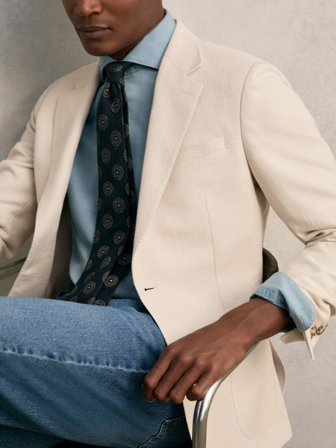 Men Slim Fit Single Breasted Textured Blazer with Cotton in Stone