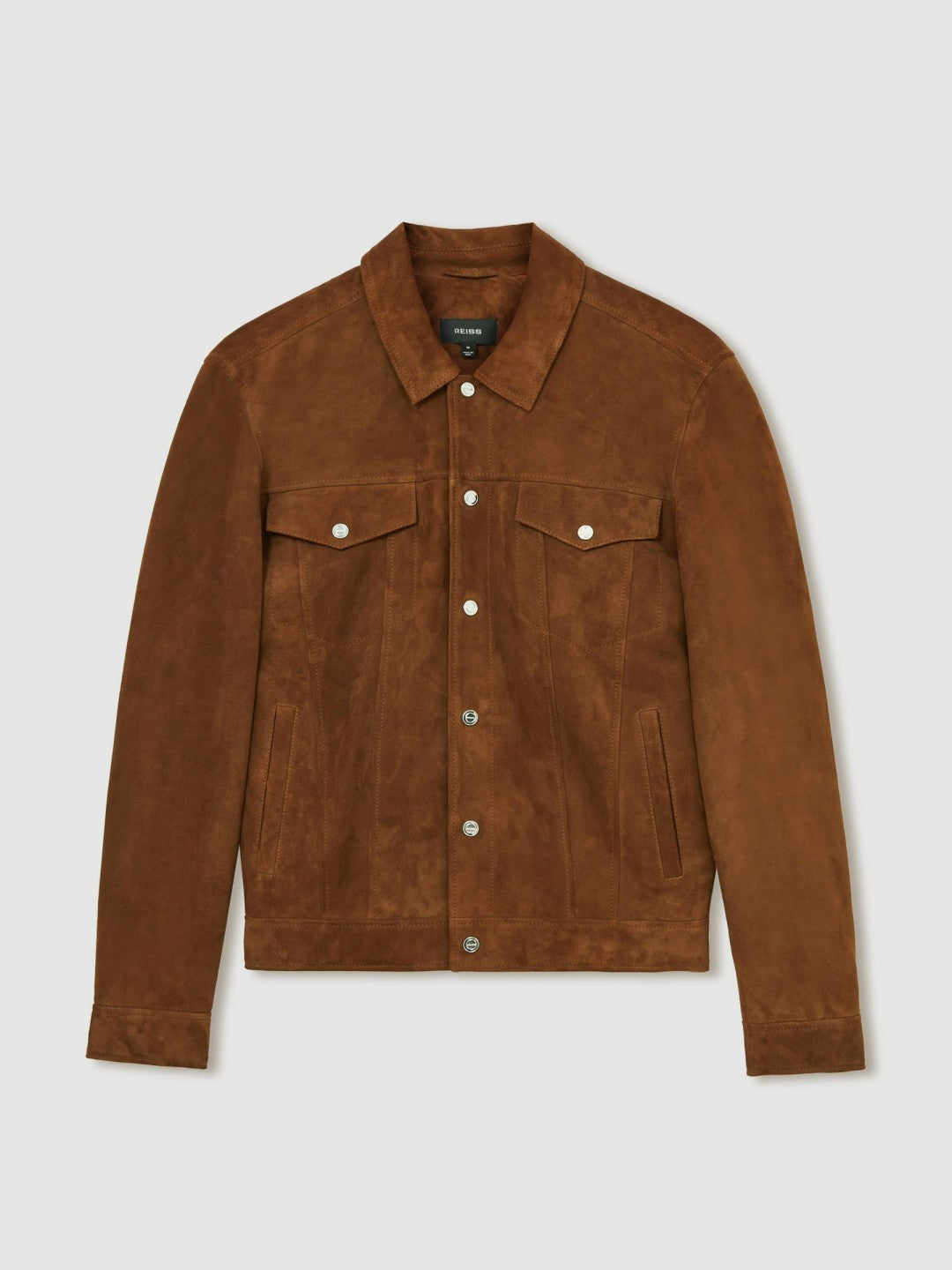 Men Suede Press Stud Trucker Jacket in Tobacco Brown
