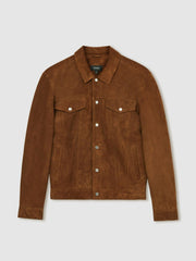 Men Suede Press Stud Trucker Jacket in Tobacco Brown