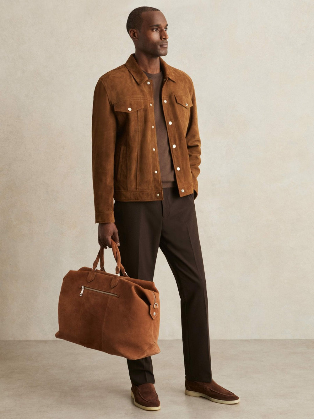 Men Suede Press Stud Trucker Jacket in Tobacco Brown