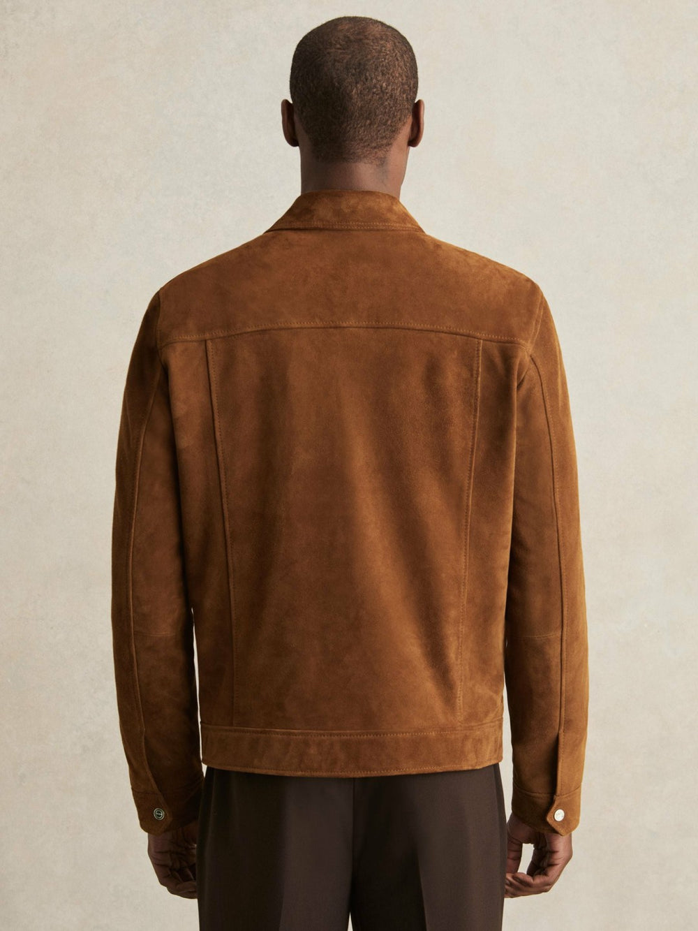 Men Suede Press Stud Trucker Jacket in Tobacco Brown