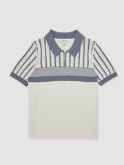 Children & Baby 3-9 yrs Cotton Stripe Knit Half-Zip Polo Shirt in Off White/ Airforce Blue