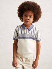 Children & Baby 3-9 yrs Cotton Stripe Knit Half-Zip Polo Shirt in Off White/ Airforce Blue
